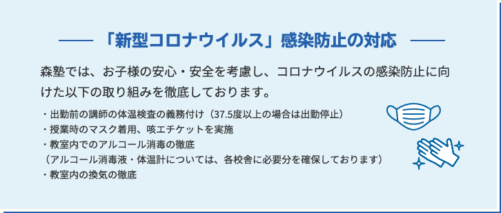 「新型コロナウイルス」感染防止の対応 森塾では、お子様の安心・安全を考慮し、コロナウイルスの感染防止に向けた以下の取り組みを徹底しております。 ・出勤前の講師の体温検査の義務付け(37.5度以上の場合は出勤停止)・授業時のマスク着用、咳エチケットを実施・教室内でのアルコール消毒の徹底(アルコール消毒液・体温計については、各校舎に必要分を確保しております)・教室内の換気の徹底