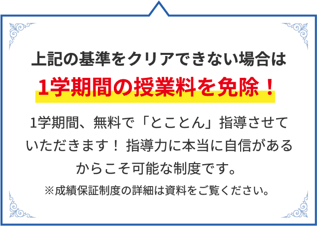 ご入塾後2学期以内に学校の中間・期末テストで60点以下で入塾　1科目+20点以上！！　60点以上で入塾　その科目が80点以上！！